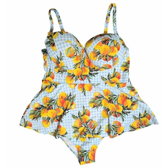 Torrid Gingham & orange fruit push up peplum skirt one piece swimsuit 2X Full - Picture 3 of 7